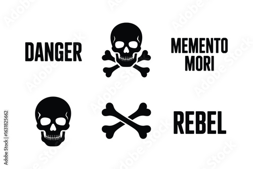 Black skull and crossbones with danger memento mori and rebel text vector