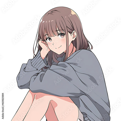 A young anime girl with brown hair and bangs wearing a grey sweater sits with her knees pulled up to her chest looking thoughtfully into the distance with a gentle expression