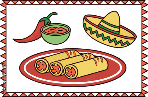 Mexican fiesta still life showing food and traditional sombrero, vector illustration