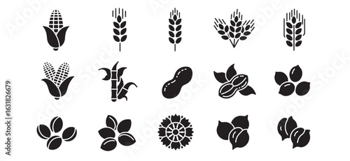 Collection of black and white agricultural crops icons for sustainable farming projects