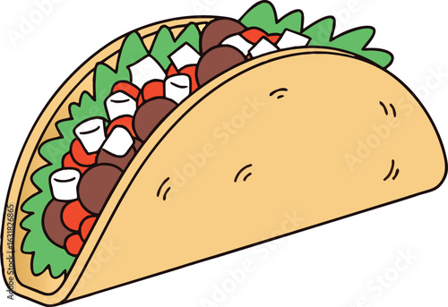 Delicious cartoon taco with fillings ready to be eaten soon, vector illustration