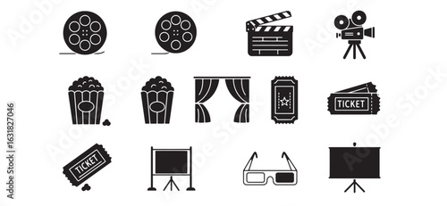 Collection of simple black and white icons representing cinema and movie theater