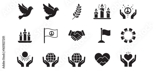 Collection of simple black and white icons representing peace and harmony themes