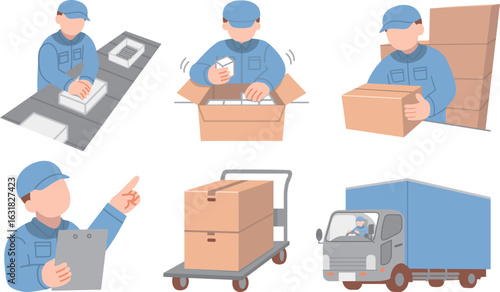 製造した荷物を運ぶ作業着姿の男性のイラスト素材