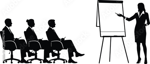 Business training seminar, woman presenting with flip chart, corporate meeting education, silhouette of professional audience listening to female executive speaker