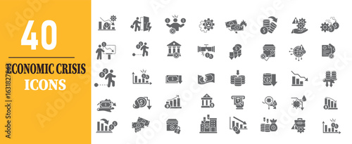 40 Economic Crisis Icons – Financial Recession, Inflation, Unemployment, and Market Crash Symbol Set