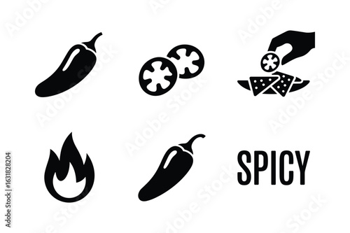 Chili pepper icons and word spicy sliced chili nachos