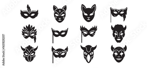 Black silhouette collection of mask designs featuring various creative and decorative styles
