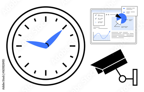 Analog clock, security camera, and data dashboard with chart and pie graphic. Ideal for time, monitoring, productivity, security, analysis, technology simple landing page