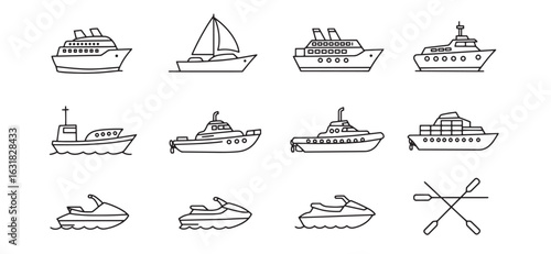 Collection of detailed black line art illustrations depicting various types of boats and watercraft