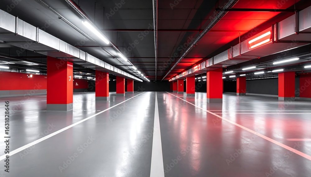 Fototapeta premium Empty Parking Garage Interior with Red Columns and Gray Floor