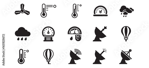 Vector icons depicting climate weather temperature humidity and satellite communication elements