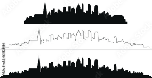 City skyline silhouette, urban skyline illustration, modern cityscape vector, skyline outline artwork, skyscraper silhouettes, metropolitan skyline,