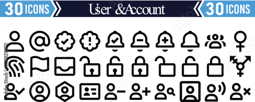Modern user and account management interface, 30 icons and elements