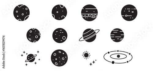 Minimalist black and white illustration of planets, stars and solar system elements
