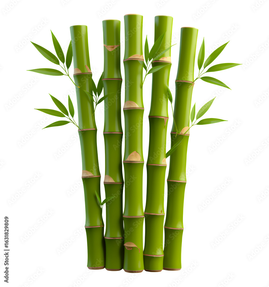 Obraz premium Glossy Green Bamboo Stalks with Leaves on Transparent Background, 3D Realism Graphic for Web Design