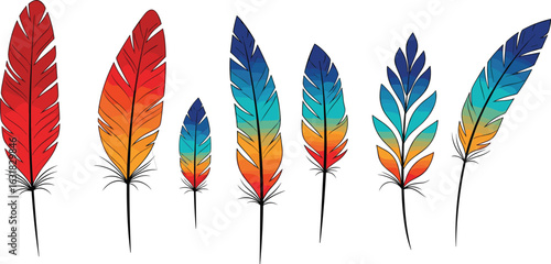 Colorful feather vector set, gradient feathers, tribal style, boho design, vibrant bird feathers, decorative elements, nature-inspired, artistic feather collection