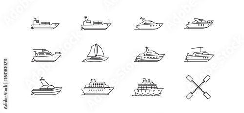 Vector icons of various boat types including yachts sailboats and paddle accessories