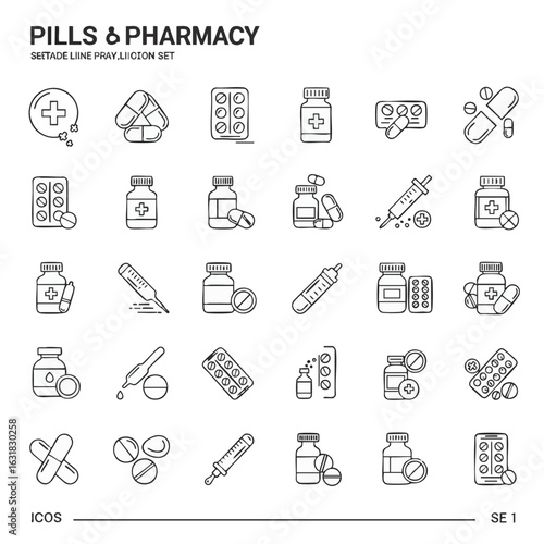 Collection of pills and pharmacy line icons. Set of medical and healthcare symbols for treatment and medication. Vector graphic elements.