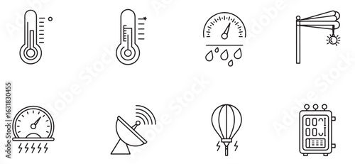 Weather elements illustrated with icons including thermometers precipitation and more