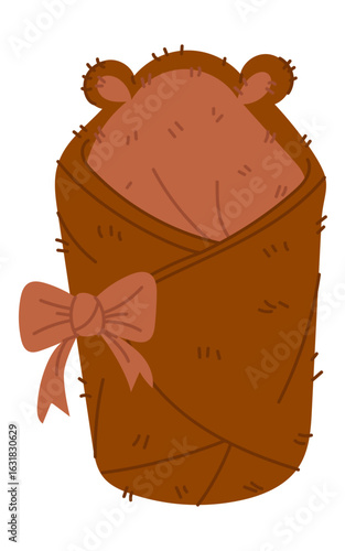 Baby's discharge envelope with bear ears. Cute terry blanket with a bow ribbon. Flat color illustration. Gentle first warm clothes for the baby's discharge. Cozy blanket for outdoors.