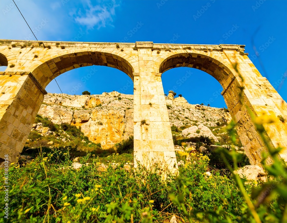 Ancient stone aqueduct arches against a clear sky Ancient stone aqueduct arches against a clear sky