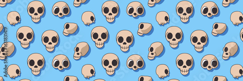 Smiling cartoon skulls arranged in a circle on light blue background – Suitable for fun illustration collections, pattern design, or novelty prints