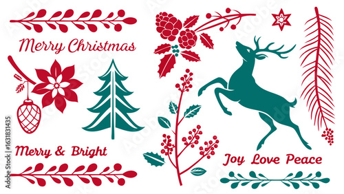 Festive Christmas Design with Deer Trees and Ornaments.