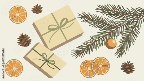 Festive Christmas Gifts with Pine Oranges and Decorations.