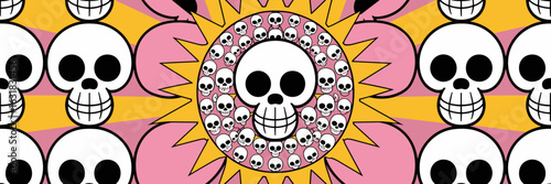 Cartoon skulls in radial pattern with sun-shaped background – Ideal for pop art posters, surreal design themes, or alternative merchandise