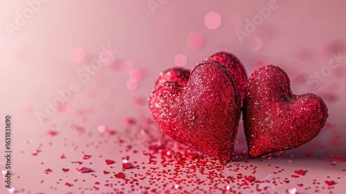 Two red hearts with glitter on them. The hearts are on a pink background