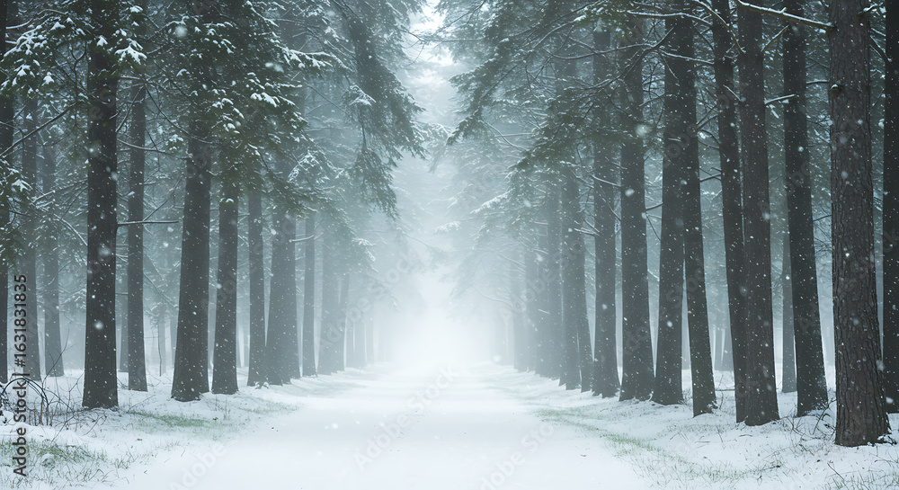 Naklejka premium Snowfall Path Through the Pine Forest