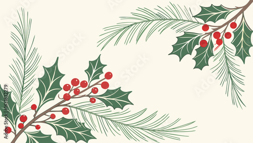 Festive Holly and Pine Sprigs Design Element.