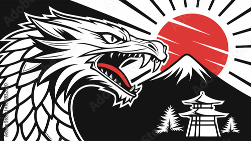 Fierce Dragon Head with Japanese Mountain and Pagoda.