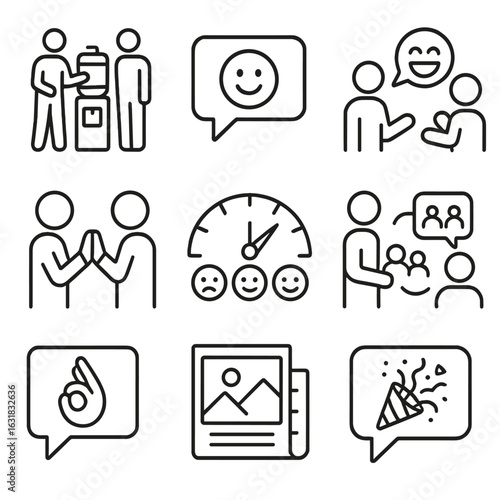 Communication Icons. Line style icons of informal and cultural communication: water cooler chat icon, emoji in message bubble,
