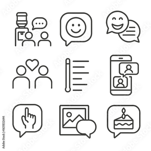 Communication Icons. Line style icons of informal and cultural communication: water cooler chat icon, emoji in message bubble,