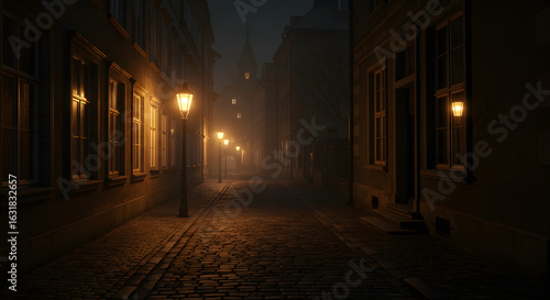 Misty Prague street at night, illuminated by glowing vintage gas lamps lining cobblestone pathway