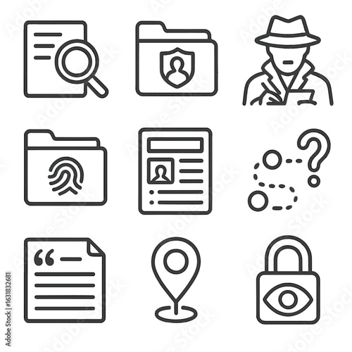 Investigative Icon Collection. Line style icons of investigative information gathering: magnifier with document, investigation