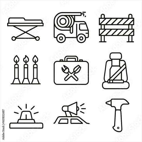 Emergency Vehicle Icons. Line style icons of emergency vehicle safety gear: ambulance stretcher icon, fire truck hose system,