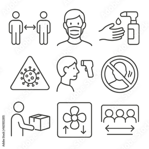 Pandemic Safety Icons Set. Line style icons of COVID-19 and pandemic safety: social distance marker, mask required sign, sanitize