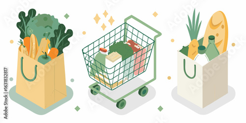Groceries in shopping bag and cart