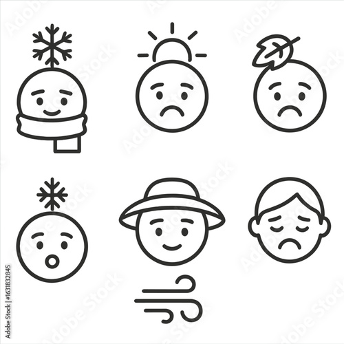 Seasonal Faces Icons. Line style icons of seasonal face expressions: winter face with scarf, hot summer sweating face, autumn with