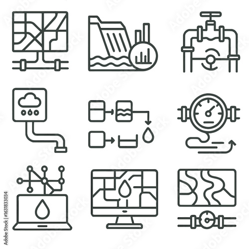 Water Infrastructure Icons. Line style icons of infrastructure and water networks: city map with pipes, reservoir with stats icon,