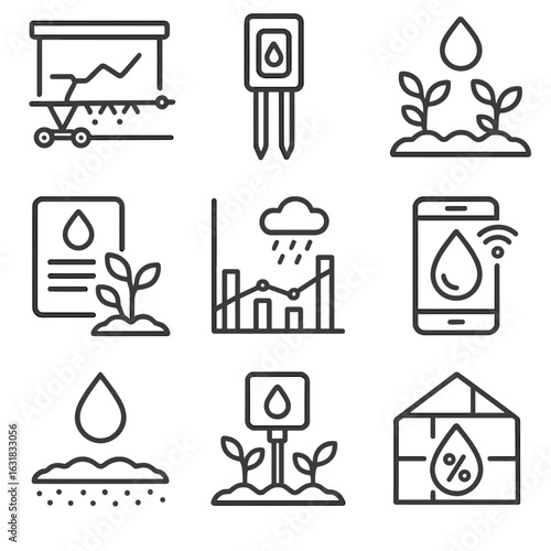 Agricultural Water Icons. Line style icons of agricultural water data collection: irrigation system chart, soil moisture probe,
