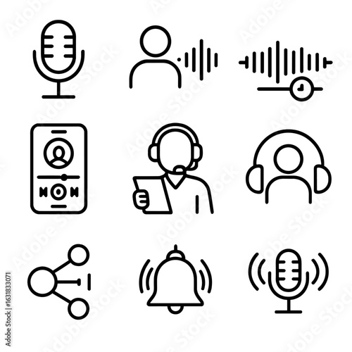 Podcast Media Icons. Line style icons of podcast and audio media: podcast mic symbol, soundwave with avatar, episode timeline,