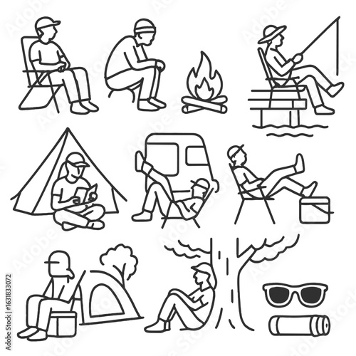 Outdoor Leisure Icons. Line style icons of people in outdoor leisure: person on camping chair, fire watching posture, sitting by