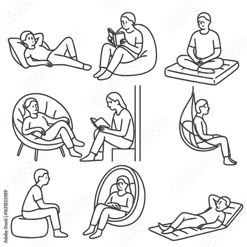 Hammock Alternatives Icons. Line style icons of hammock alternatives: reclining on large pillow, beanbag with book, soft floor