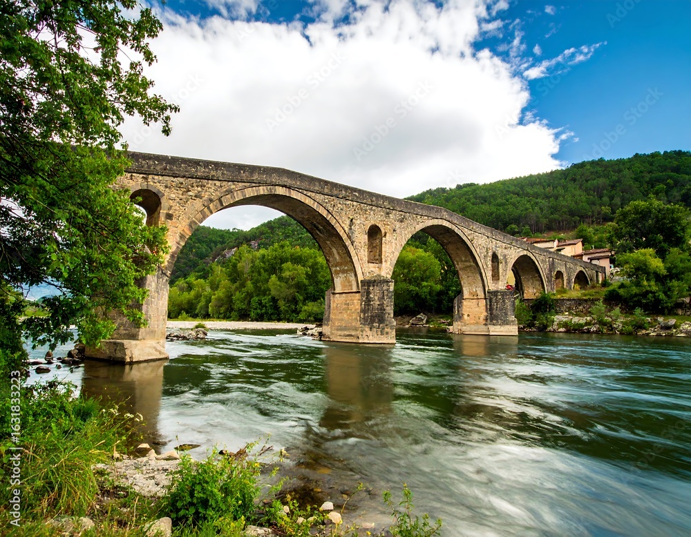 Fototapeta premium Ancient stone arch bridge over a river, lush greenery
