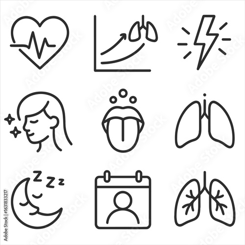 Health Icons Collection. Line style icons of long-term health benefits of quitting: heart rate improvement icon, lung capacity