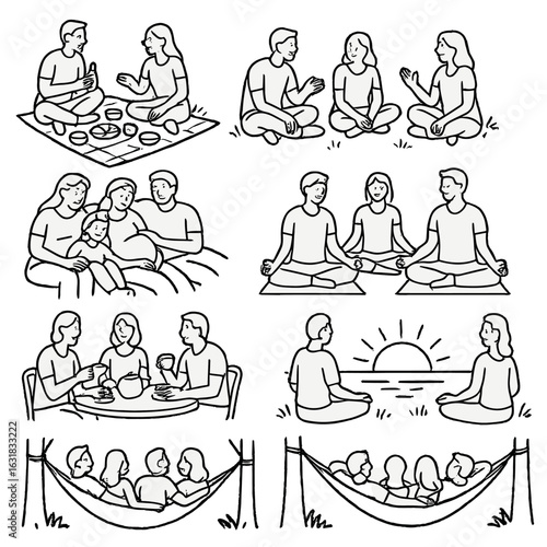 Group Relaxation Icons. Line style icons of group relaxation scenes: picnic with friends, chatting on grass, group campfire moment